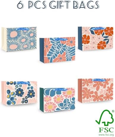 Medium Paper Gift Bags with Tissue Paper Handles 6PCS Winter Floral Gift Bags for Women Mom Grandma Party Supply, alternate