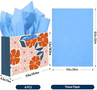 Medium Paper Gift Bags with Tissue Paper Handles 6PCS Winter Floral Gift Bags for Women Mom Grandma Party Supply, alternate