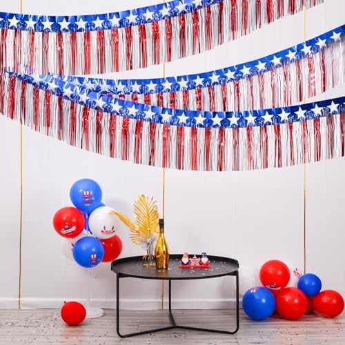 Mega-L 4th of July Decorations 2 Pack 40 Feet Foil Fringe Garland Tinsel Streamers, Red White and Blue Star