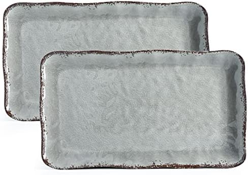 Melamine Crackled Rustic Serving Platter Set of 2, Rectangular Trays in Gray