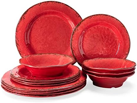 Melamine Dinnerware Sets for 4, 12Pcs Farmhouse Plates and bowls Set in Red