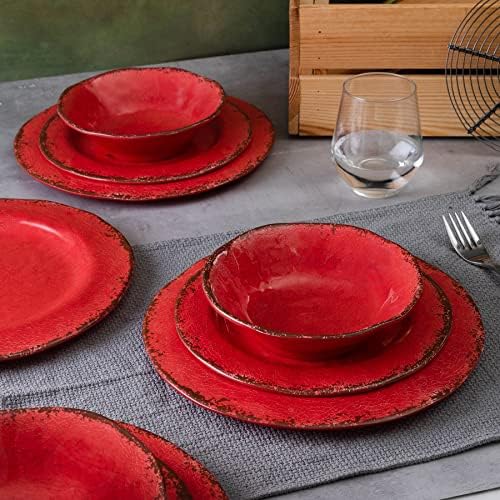 Melamine Dinnerware Sets for 4, 12Pcs Farmhouse Plates and bowls Set in Red, alternate view 2