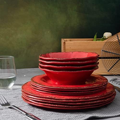 Melamine Dinnerware Sets for 4, 12Pcs Farmhouse Plates and bowls Set in Red, alternate view 5