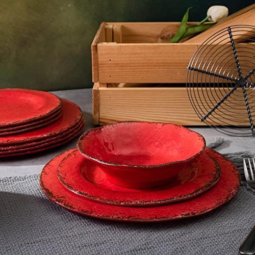 Melamine Dinnerware Sets for 4, 12Pcs Farmhouse Plates and bowls Set in Red, alternate view 6
