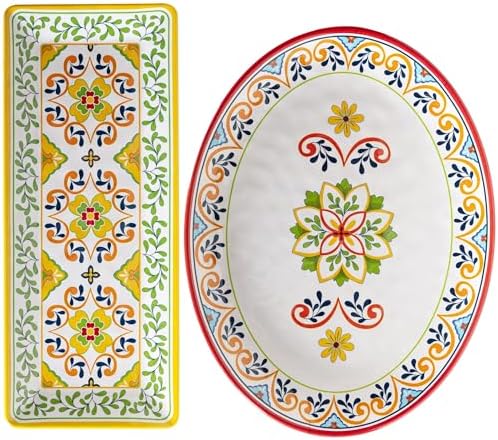 Melamine Serving Platter, Set of 2, Talavera Melamine Large Serving Tray,19''x8'' Rectangular and 18''x14'' Oval