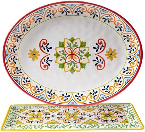 Melamine Serving Platter, Set of 2, Talavera Melamine Large Serving Tray,19''x8'' Rectangular and 18''x14'' Oval, alternate
