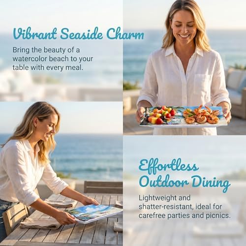 Melamine Serving Trays, 2-Pack 14.5 x 7.5-Inch Rectangular Platters, Blue in 14.5in-beach, alternate view 4