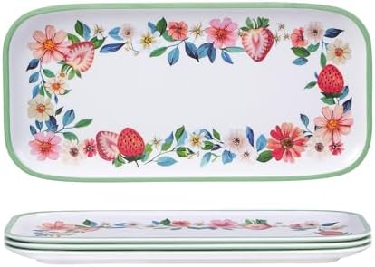 Melamine Serving Trays Set of 4, 14 x 7 Inch Appetizer Platters, Strawberry in Extra-Large (14 inches or more)