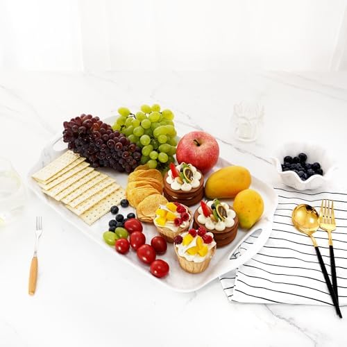 Melamine Serving Trays with Handles, 17” x 12”, Set of 2, White Marble in White Marble, alternate view 2