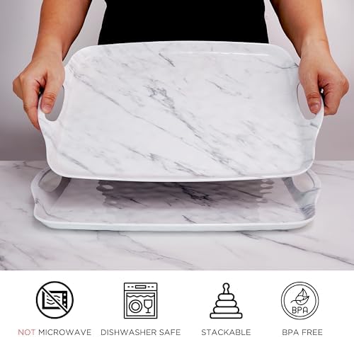 Melamine Serving Trays with Handles, 17” x 12”, Set of 2, White Marble in White Marble, alternate view 4