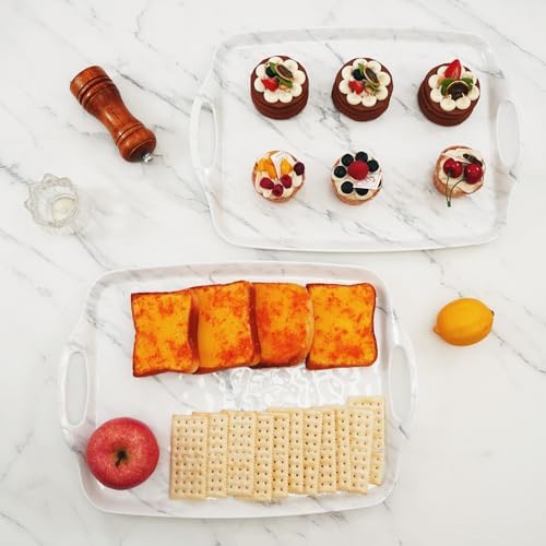 Melamine Serving Trays with Handles, 17” x 12”, Set of 2, White Marble in White Marble, alternate view 5