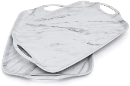 Melamine Serving Trays with Handles, 19" x 12", Set of 2, White Marble in White Marble