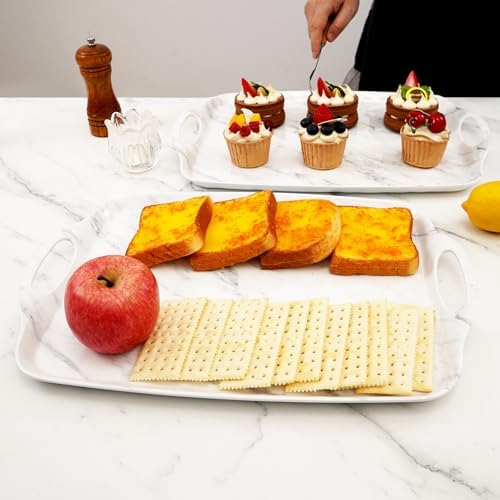 Melamine Serving Trays with Handles, 19" x 12", Set of 2, White Marble in White Marble, alternate view 6