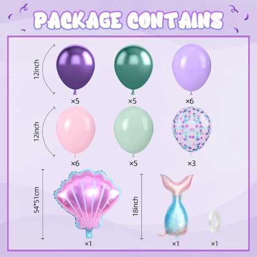 Mermaid Balloons, Pink Purple Teal Balloons with Seashell Tail Foil Balloon, alternate view 3