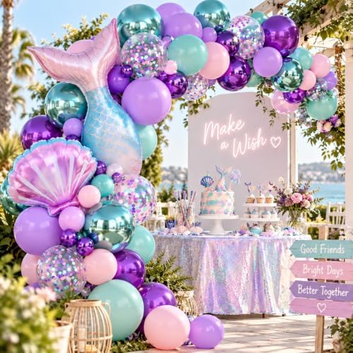 Mermaid Balloons, Pink Purple Teal Balloons with Seashell Tail Foil Balloon, alternate view 6