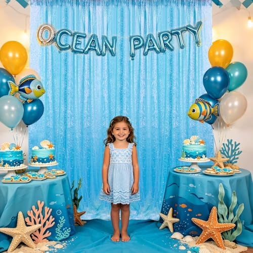 Mermaid Blue Sequin Backdrop Curtain 2 Panels 2FTx8FT Glitter Mermaid Blue Background Drapes Sparkle Photography, alternate