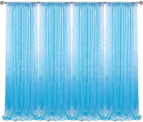 Mermaid Blue Sequin Backdrop Curtain 4 Panels 2FTx8FT Glitter Mermaid Blue Background Drapes Sparkle Photography