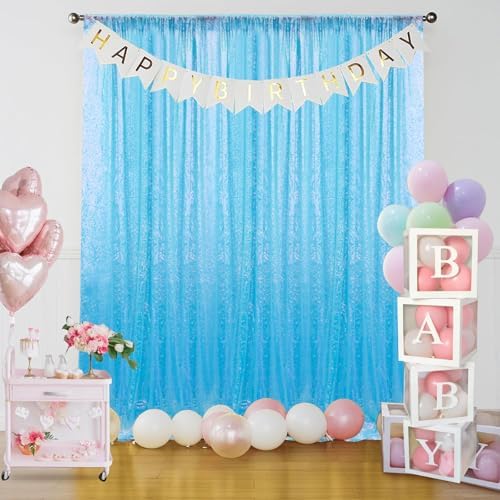 Mermaid Blue Sequin Backdrop Curtain 4 Panels 2FTx8FT Glitter Mermaid Blue Background Drapes Sparkle Photography, alternate