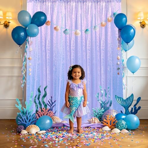 Mermaid Lavender Sequin Backdrop Curtain 4 Panels 2FTx8FT Glitter Mermaid Lavender Background Drapes Sparkle, alternate view