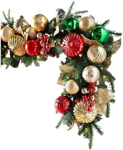 Merry and Bright Christmas Garland - Festive Greenery Garland with Ornaments, Gold Glitter Leaves &