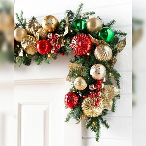 Merry and Bright Christmas Garland - Festive Greenery Garland with Ornaments, Gold Glitter Leaves &, alternate view 2