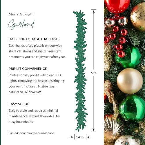 Merry and Bright Christmas Garland - Festive Greenery Garland with Ornaments, Gold Glitter Leaves &, alternate view 3