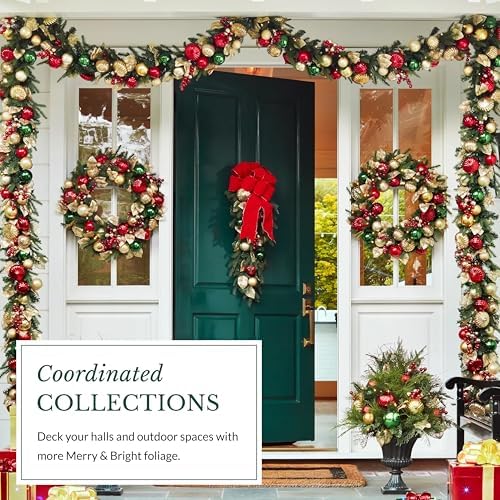 Merry and Bright Christmas Garland - Festive Greenery Garland with Ornaments, Gold Glitter Leaves &, alternate view 6
