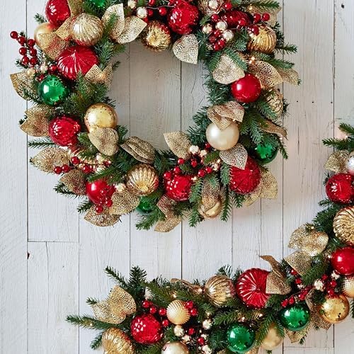 Merry and Bright Christmas Garland - Festive Greenery Garland with Ornaments, Gold Glitter Leaves &, alternate view 7