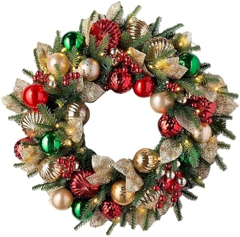 Merry and Bright Christmas Wreath - 30" Festive Front Door Wreath with Ornaments, Gold Glitter Leaves &