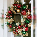 Merry and Bright Christmas Wreath - 30" Festive Front Door Wreath with Ornaments, Gold Glitter Leaves &, alternate view 2
