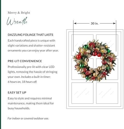 Merry and Bright Christmas Wreath - 30" Festive Front Door Wreath with Ornaments, Gold Glitter Leaves &, alternate view 3