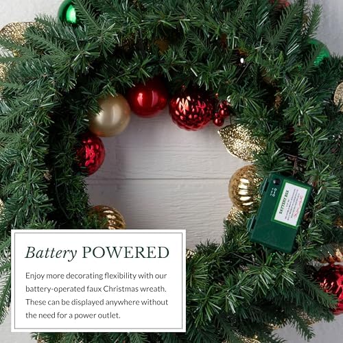 Merry and Bright Christmas Wreath - 30" Festive Front Door Wreath with Ornaments, Gold Glitter Leaves &, alternate view 5