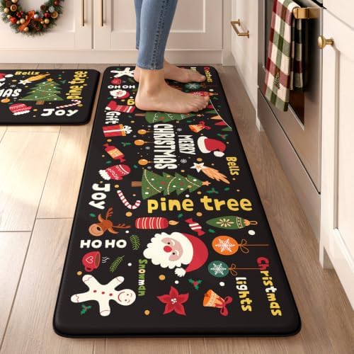 Merry Christmas Anti Fatigue Kitchen Mats for Floor 17"x47"+17"x29"