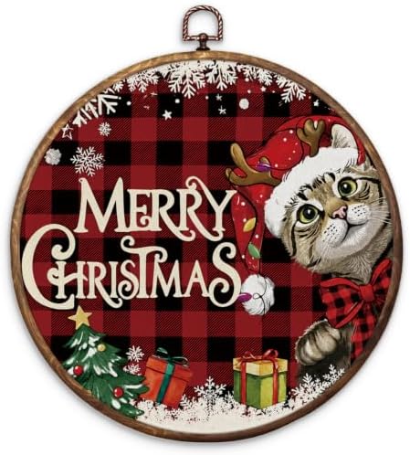 Merry Christmas Cat Round Framed Wall Art 10"x10"