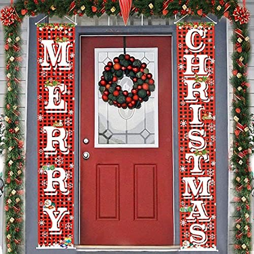 Merry Christmas Hanging Banner Porch Sign with Pattern Christmas Tree Presents Snow Banner for Home Yard Indoor