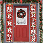 Merry Christmas Hanging Banner Porch Sign with Pattern Christmas Tree Presents Snow Banner for Home Yard Indoor