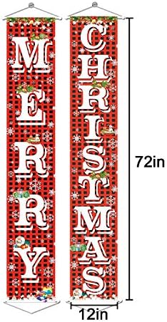 Merry Christmas Hanging Banner Porch Sign with Pattern Christmas Tree Presents Snow Banner for Home Yard Indoor, alternate