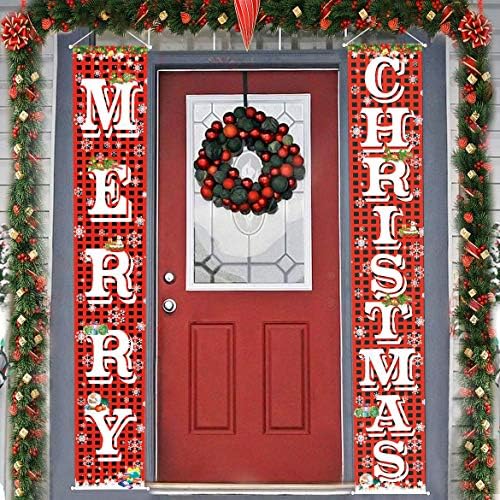 Merry Christmas Hanging Banner Porch Sign with Pattern Christmas Tree Presents Snow Banner for Home Yard Indoor, alternate