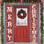 Merry Christmas Hanging Banner Porch Sign with Pattern Christmas Tree Presents Snow Banner for Home Yard Indoor, alternate
