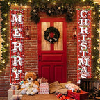 Merry Christmas Hanging Banner Porch Sign with Pattern Christmas Tree Presents Snow Banner for Home Yard Indoor, alternate