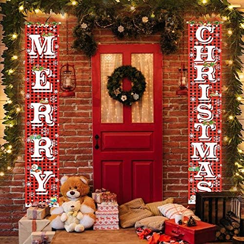 Merry Christmas Hanging Banner Porch Sign with Pattern Christmas Tree Presents Snow Banner for Home Yard Indoor, alternate