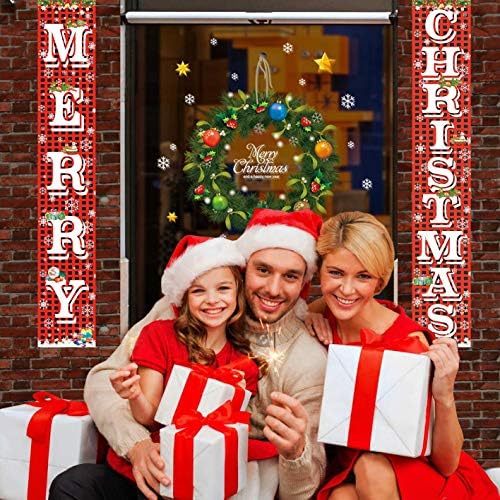 Merry Christmas Hanging Banner Porch Sign with Pattern Christmas Tree Presents Snow Banner for Home Yard Indoor, alternate