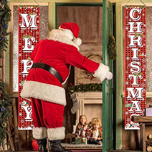 Merry Christmas Hanging Banner Porch Sign with Pattern Christmas Tree Presents Snow Banner for Home Yard Indoor, alternate