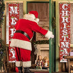Merry Christmas Hanging Banner Porch Sign with Pattern Christmas Tree Presents Snow Banner for Home Yard Indoor, alternate