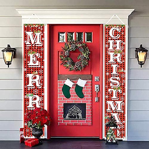 Merry Christmas Hanging Banner Porch Sign with Pattern Christmas Tree Presents Snow Banner for Home Yard Indoor, alternate
