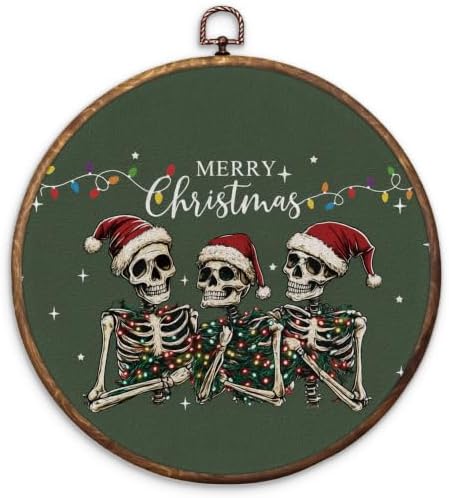 Merry Christmas Skeleton Round Framed Wall Art 10"x10"