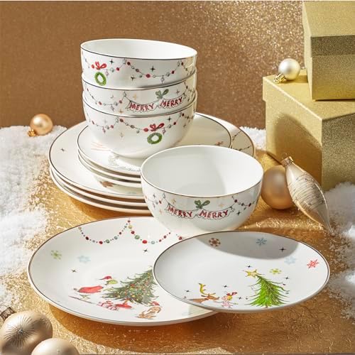 Merry Grinchmas Porcelain 12-Piece Christmas Dinnerware Set for 4 in 12 Count in Green, alternate view 2