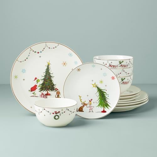 Merry Grinchmas Porcelain 12-Piece Christmas Dinnerware Set for 4 in 12 Count in Green, alternate view 3