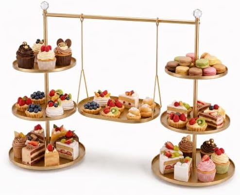 Metal 3 Tier Cupcake Stands Display, Removable Tray with Swing, Gold in Gold-1