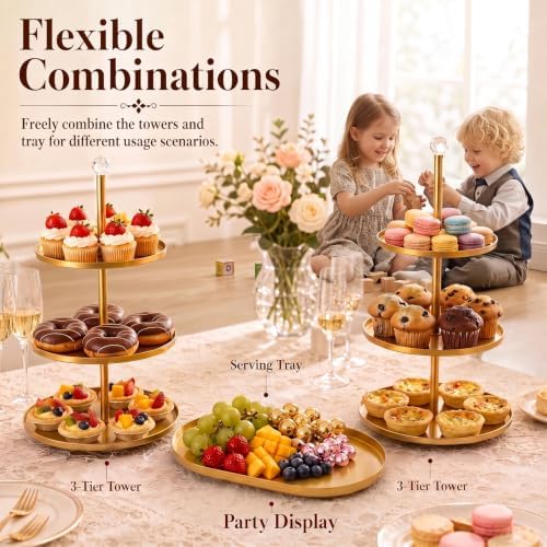 Metal 3 Tier Cupcake Stands Display, Removable Tray with Swing, Gold in Gold-1, alternate view 3